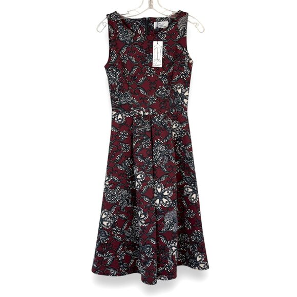 Closet London Fit & Flare Dress Burgundy Black & White Floral Sleeveless Size 4 - Picture 1 of 10